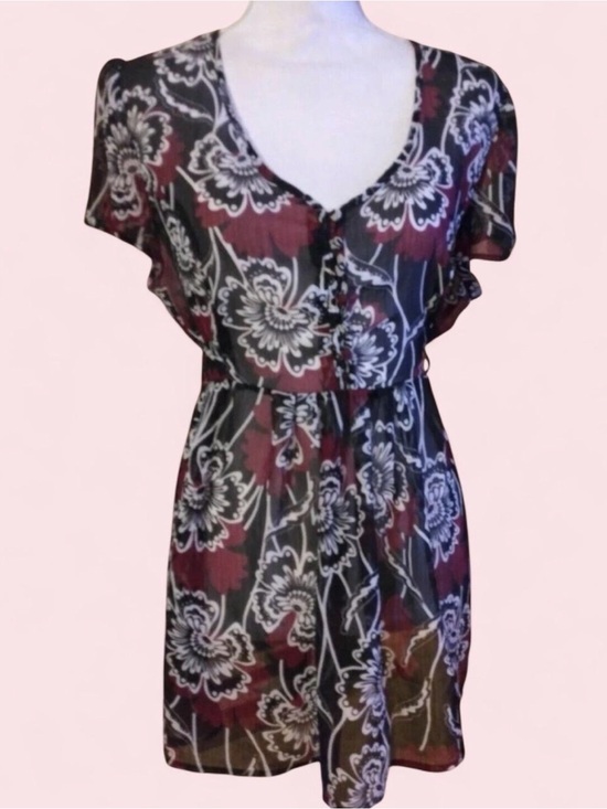 no brand Tops - Y2K Sheer Floral Babydoll Top Flutter Sleeve Tie Waist Blouse Small
